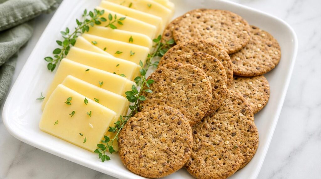 Cheese and Whole-Grain Crackers portioned on a plate or in a container with cheese slices with whole-grain crackers