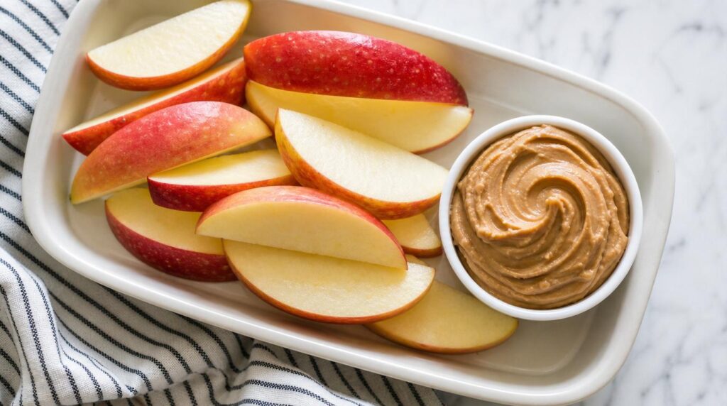 Apple Slices with Nut Butter portioned on a plate or in a container with apple slices with peanut or almond butter