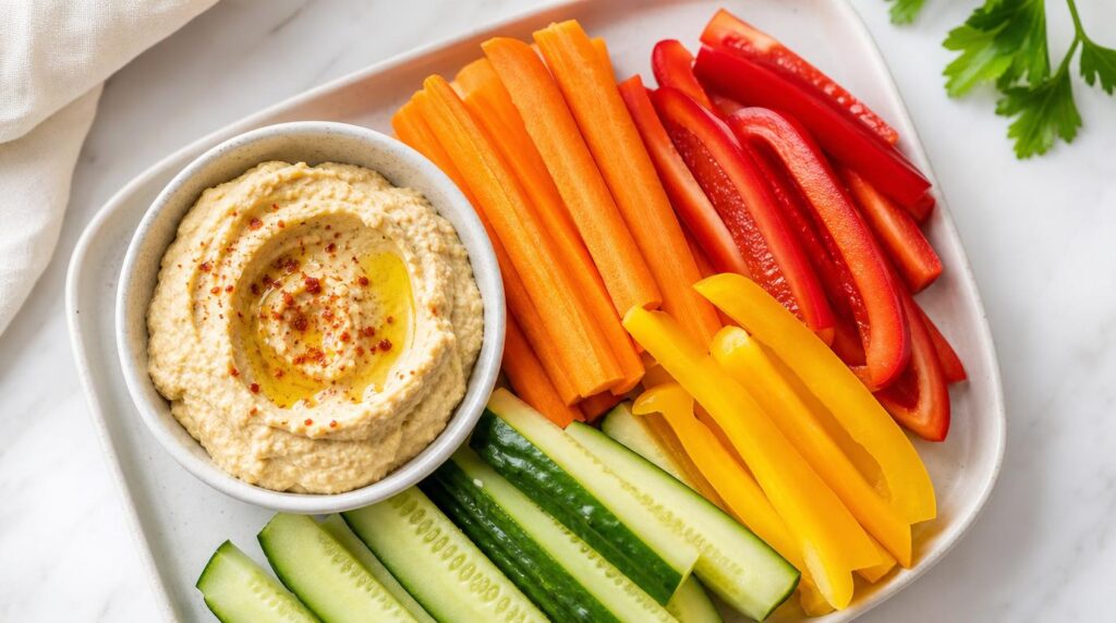 Veggie Sticks and Hummus portioned on a plate or in a container with carrot, pepper and cucumber sticks with hummus