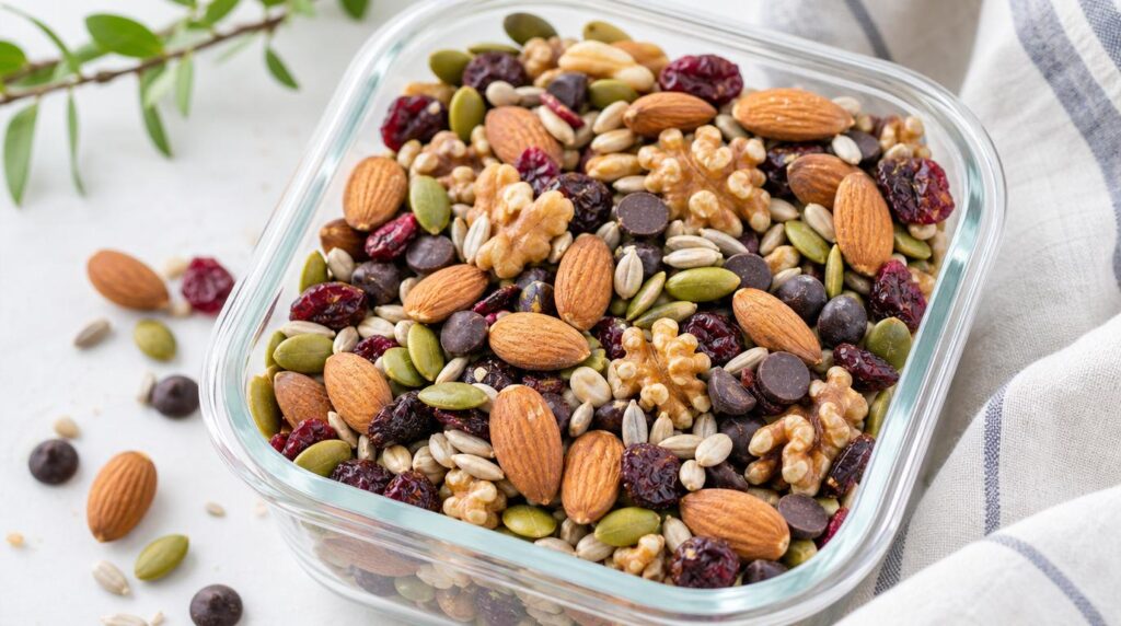 Homemade Trail Mix portioned on a plate or in a container with nuts, seeds and dark chocolate chips