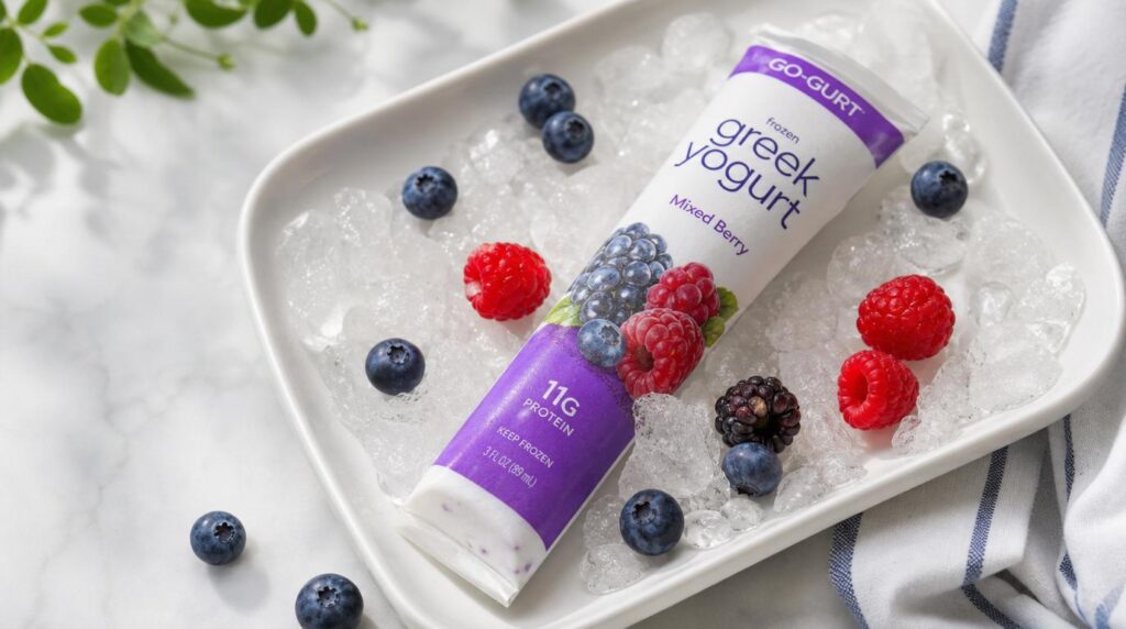 Frozen Greek Yogurt Tube portioned on a plate or in a container with a frozen yogurt tube that doubles as an ice pack