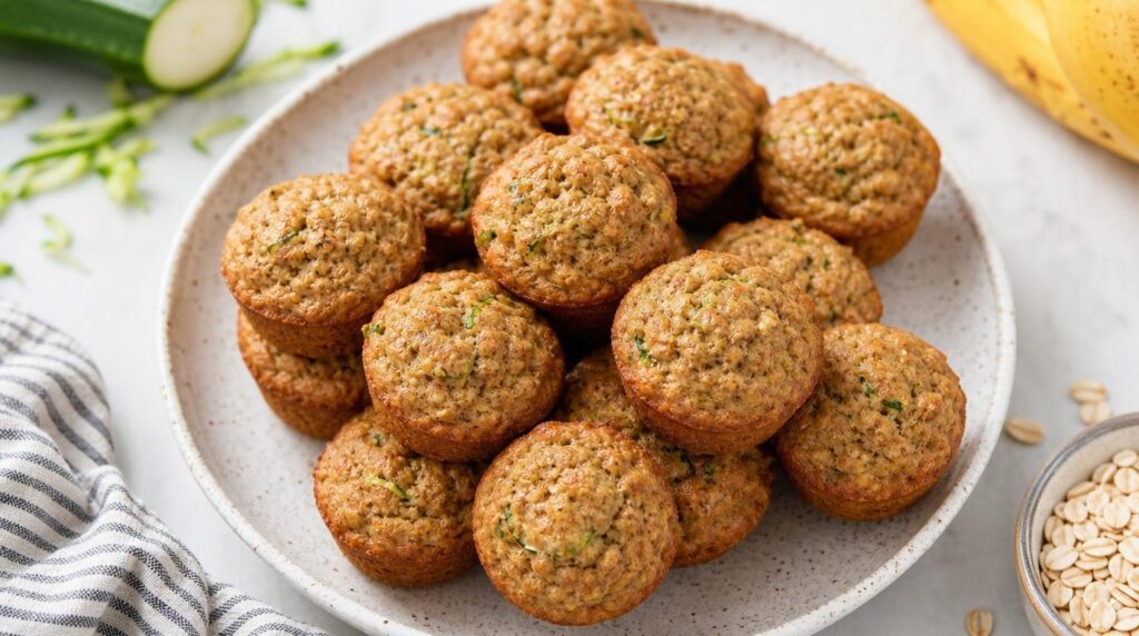 Whole-Grain Mini Muffins portioned on a plate or in a container with banana or zucchini mini muffins