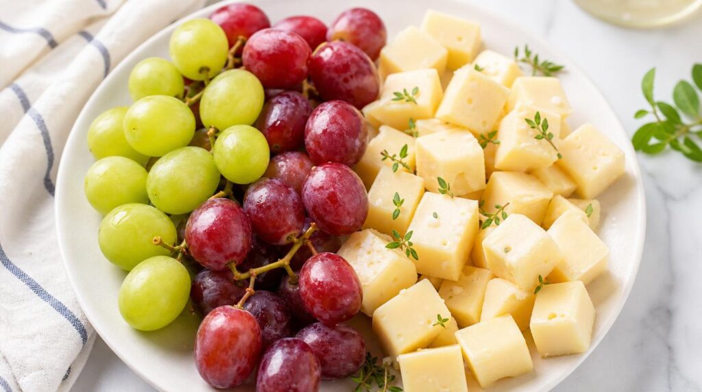 Grapes and Cheese Cubes portioned on a plate or in a container with grapes with bite-size cheese cubes
