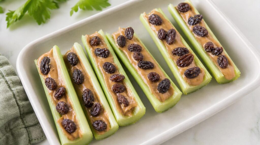 Ants on a Log portioned on a plate or in a container with celery with nut butter and raisins