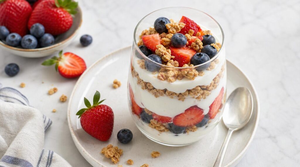 Yogurt Parfait portioned on a plate or in a container with yogurt layered with fruit and granola