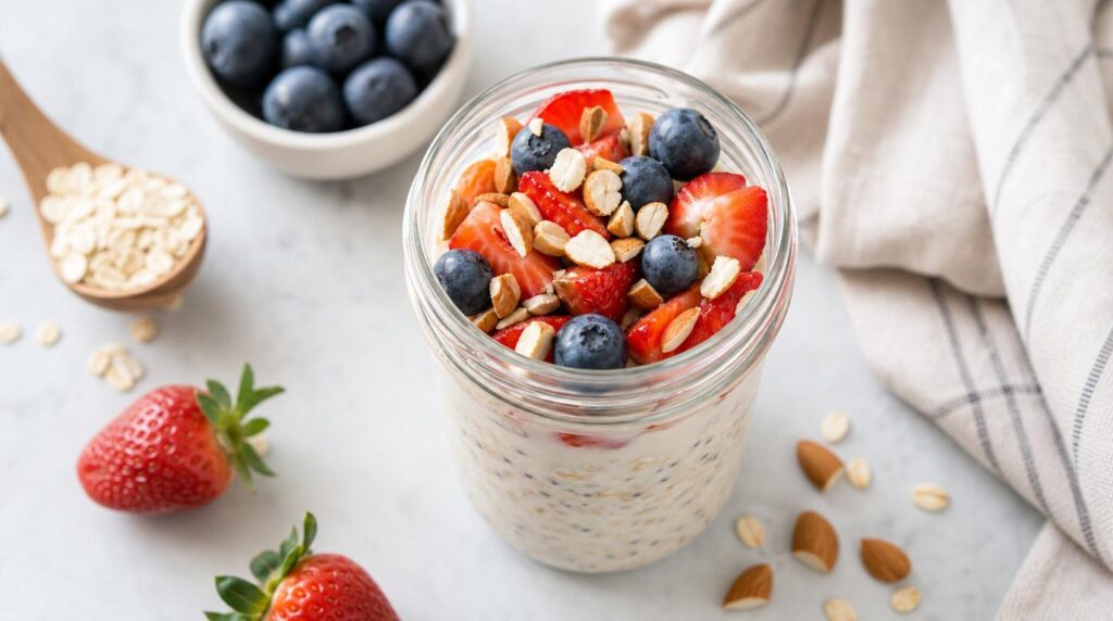 Overnight Oats in a jar or container with oats, milk and yogurt topped with fruit in a jar