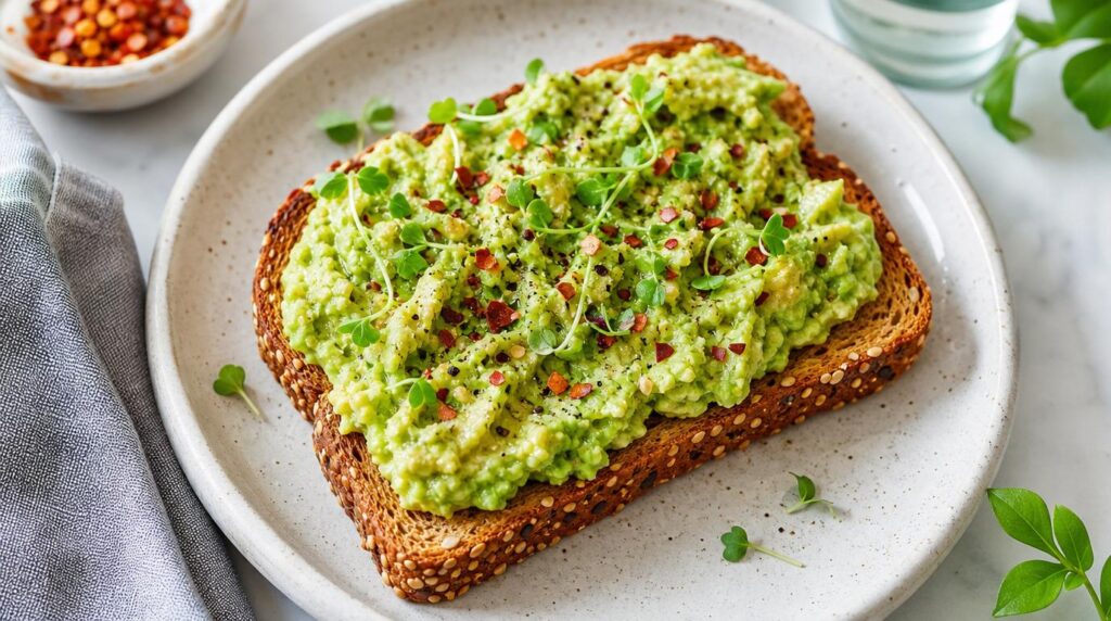 Avocado Toast portioned on a plate or in a container with mashed avocado on whole-grain toast
