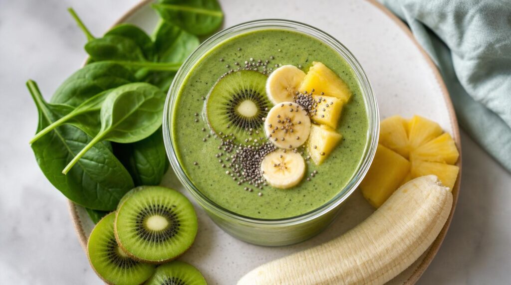 Green Smoothie portioned on a plate or in a container with blended fruit, yogurt and hidden spinach