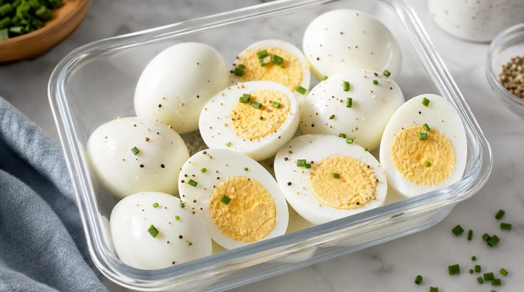 Hard-Boiled Eggs portioned on a plate or in a container with peeled boiled eggs for grab-and-go protein