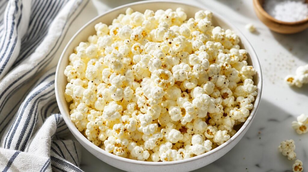 Air-Popped Popcorn portioned on a plate or in a container with lightly seasoned air-popped popcorn