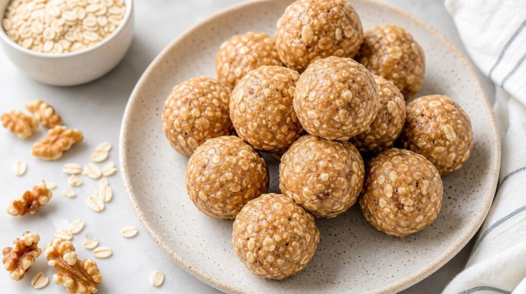 Energy Balls portioned on a plate or in a container with no-bake oat, nut butter and honey bites