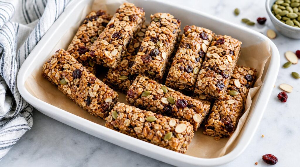 Homemade Granola Bars portioned on a plate or in a container with chewy whole-grain granola bars