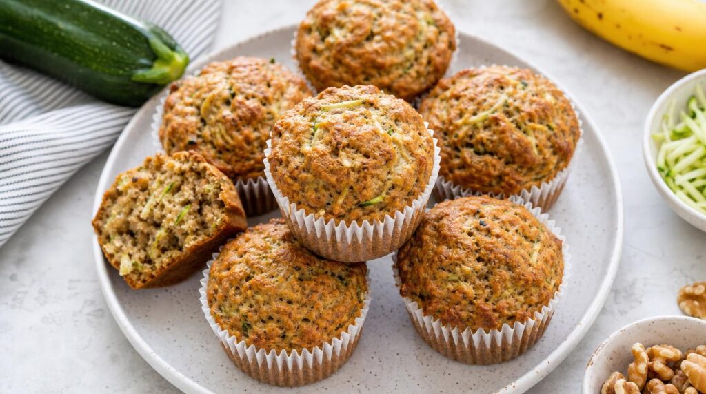 Banana or Zucchini Muffins portioned on a plate or in a container with wholesome veggie-boosted muffins