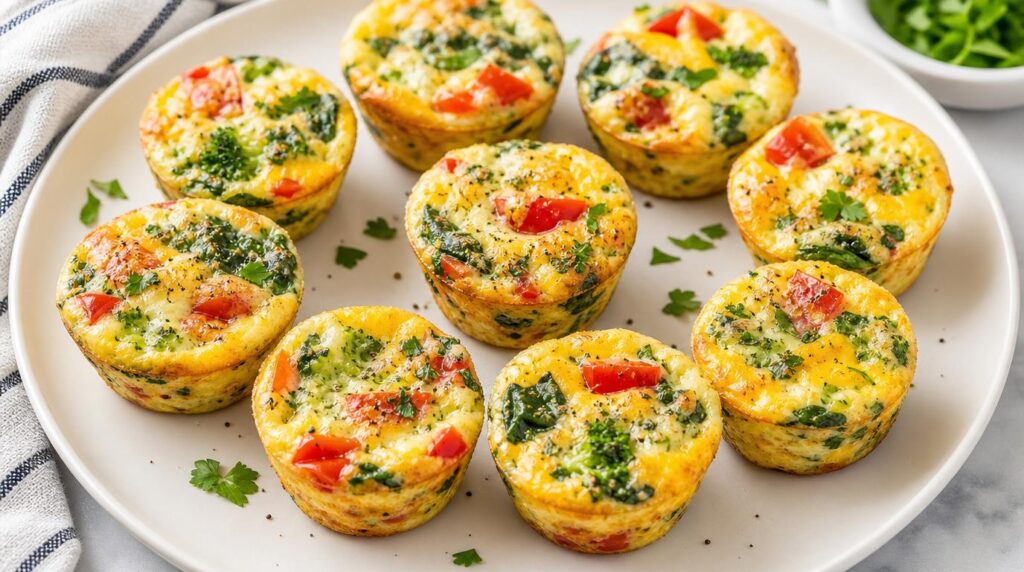 Mini Veggie Egg Muffins portioned on a plate or in a container with bite-size baked egg and veg muffins