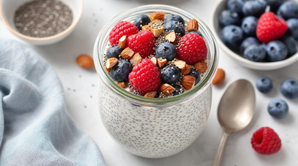 Chia Pudding in a jar or container with creamy chia pudding topped with berries and nuts