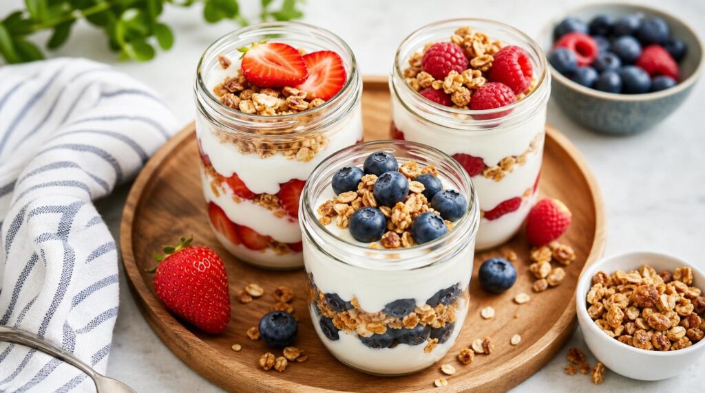 Yogurt Parfait Jars in a jar or container with layered Greek yogurt, fruit and granola