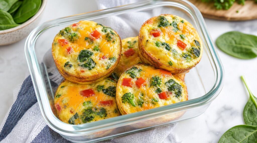 Veggie Egg Muffins in a jar or container with baked egg muffins with veg and cheese