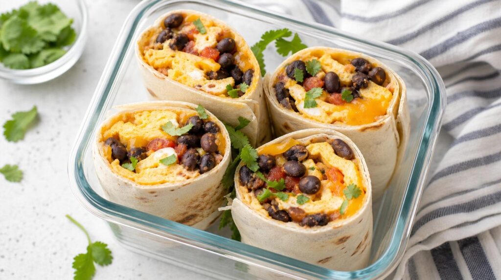 Breakfast Burritos in a jar or container with wrapped scrambled egg, bean and cheese burritos