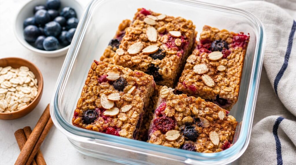 Baked Oatmeal Squares in a jar or container with sliced baked oatmeal with fruit and cinnamon