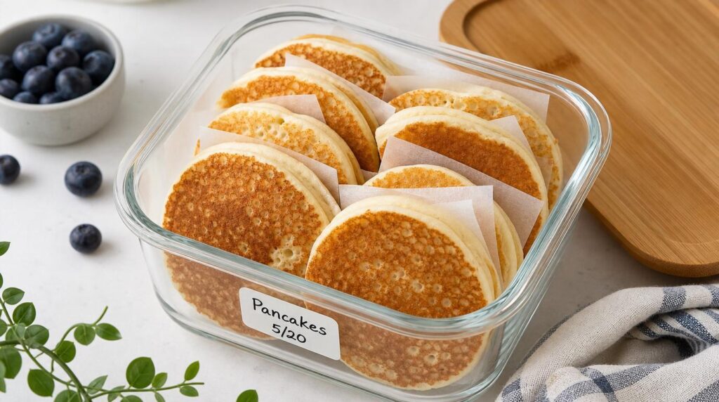 Freezer Pancakes in a jar or container with stacked homemade pancakes ready to toast