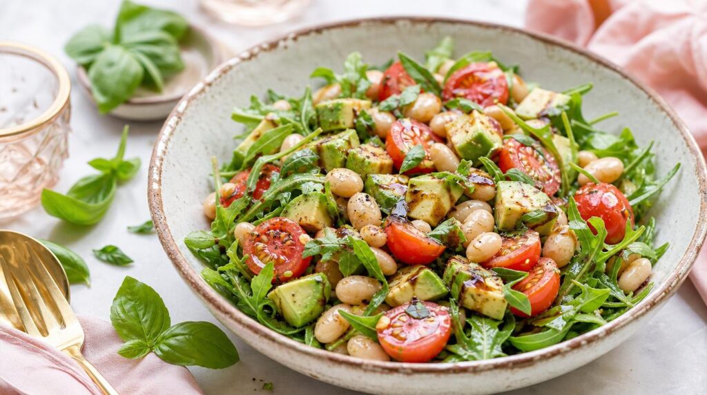 Tomato avocado and white bean glow salad with fresh basil