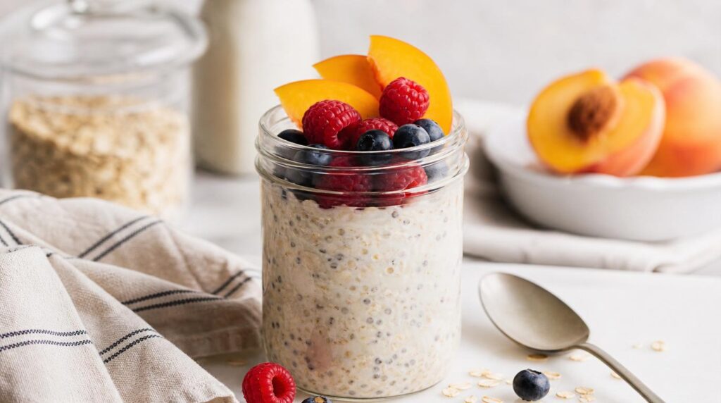 Overnight oats jar topped with berries and peach