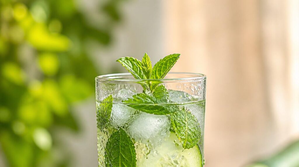Cucumber mint infused water in a tall glass with ice