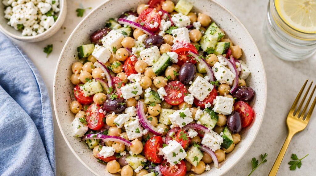 Mediterranean Chickpea and Feta Bowl bowl with chickpeas, cucumber, cherry tomatoes, red onion, feta and olives