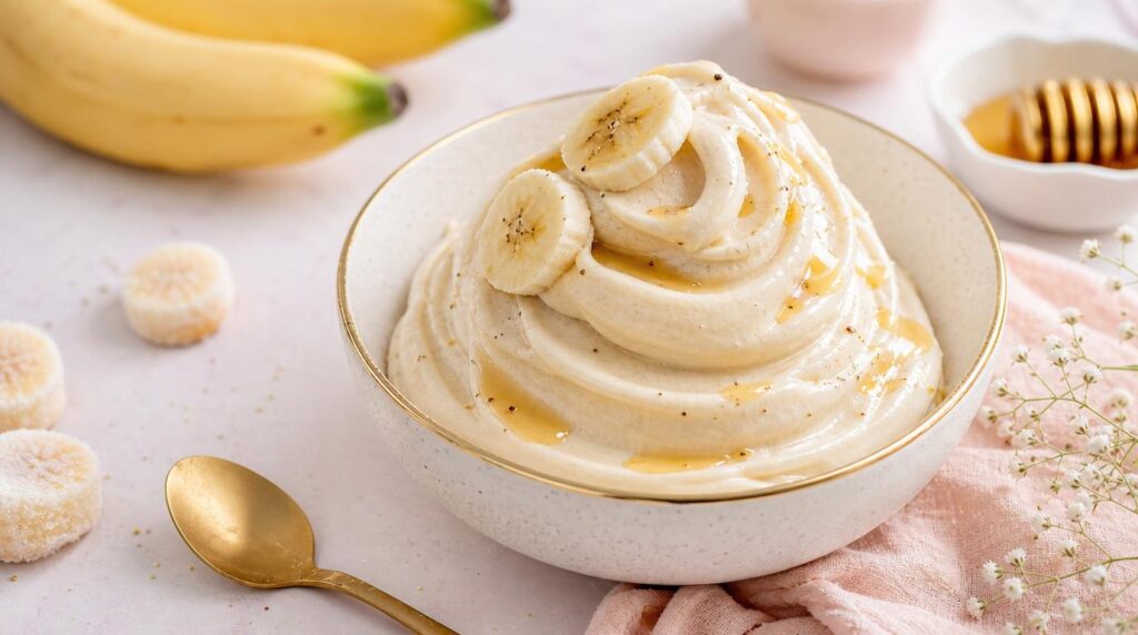 Three-ingredient banana nice cream in a bowl topped with banana slices