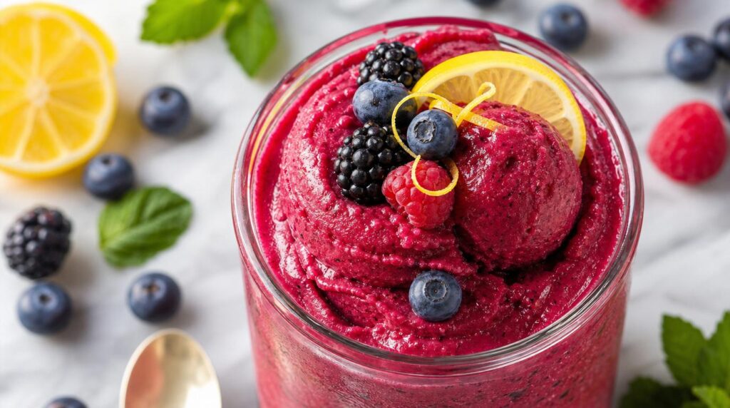 Berry Sorbet in a glass or jar with vibrant blended frozen berry sorbet with lemon