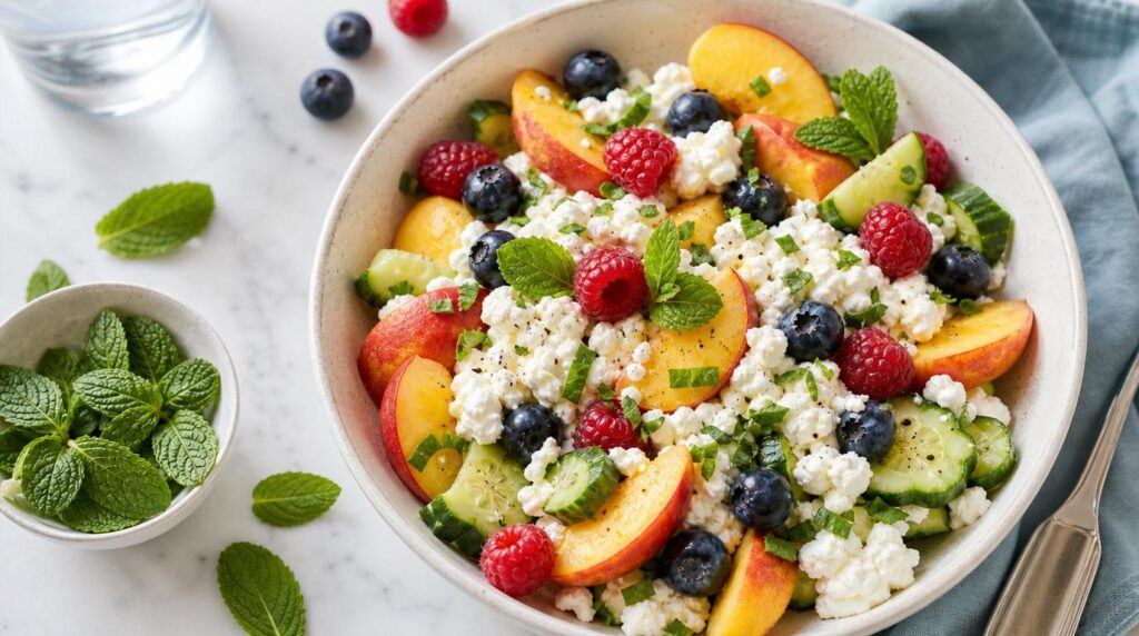 Cottage Cheese and Summer Fruit Salad in a bowl with cottage cheese, peaches, berries, cucumber and mint