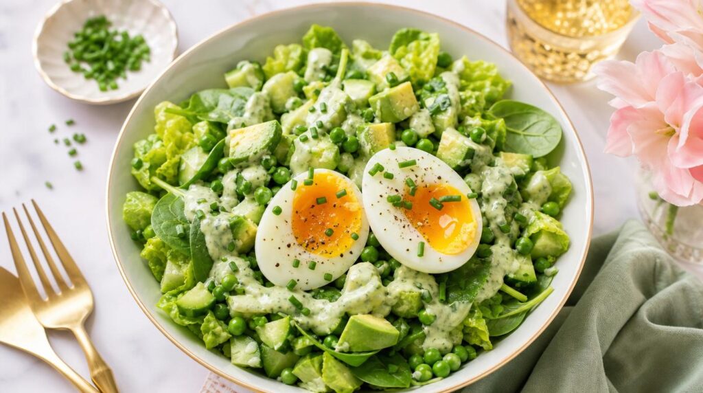 Green goddess salad with avocado, peas and soft-boiled eggs
