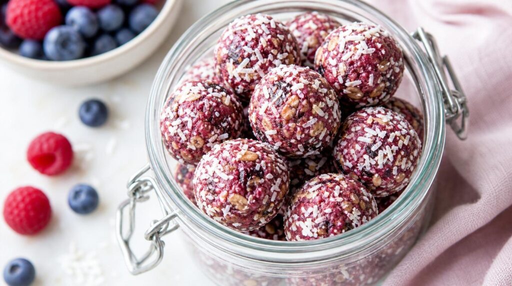 Berry Coconut Energy Bites in a glass or jar with rolled date, oat, berry and coconut bites