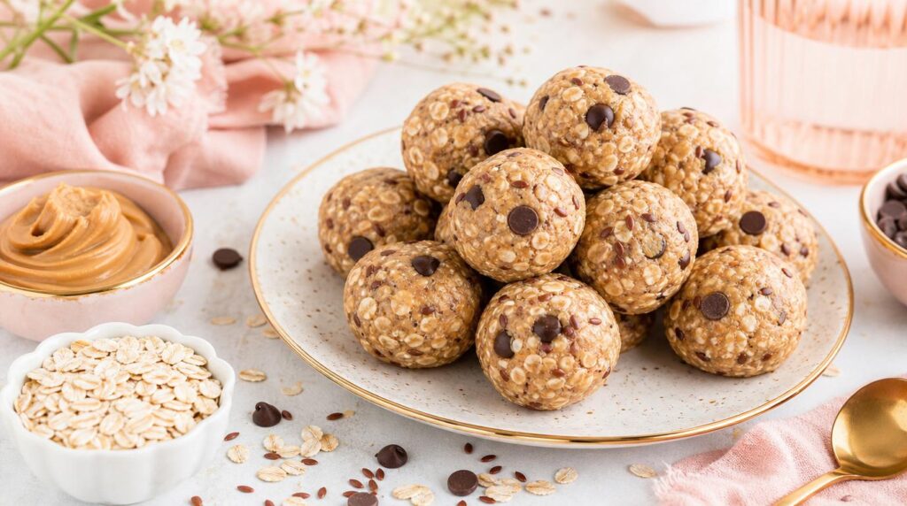 No-bake oat energy bites with dark chocolate chips on a plate