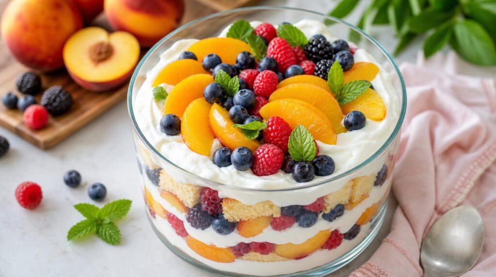 No-Bake Peach Berry Trifle in a glass or jar with layered cake, yogurt cream, peaches and berries in a glass bowl