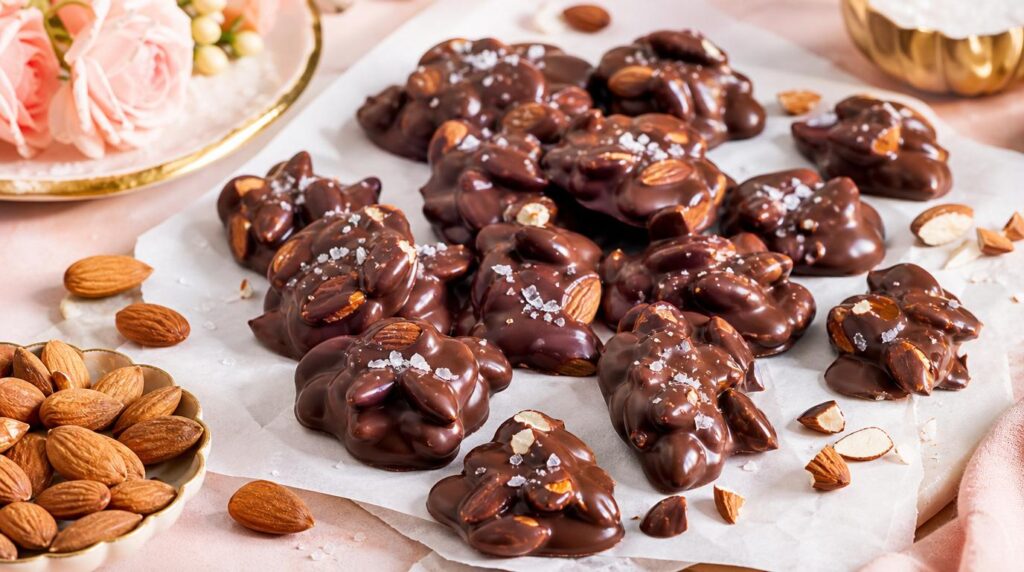Dark chocolate almond clusters with sea salt on parchment