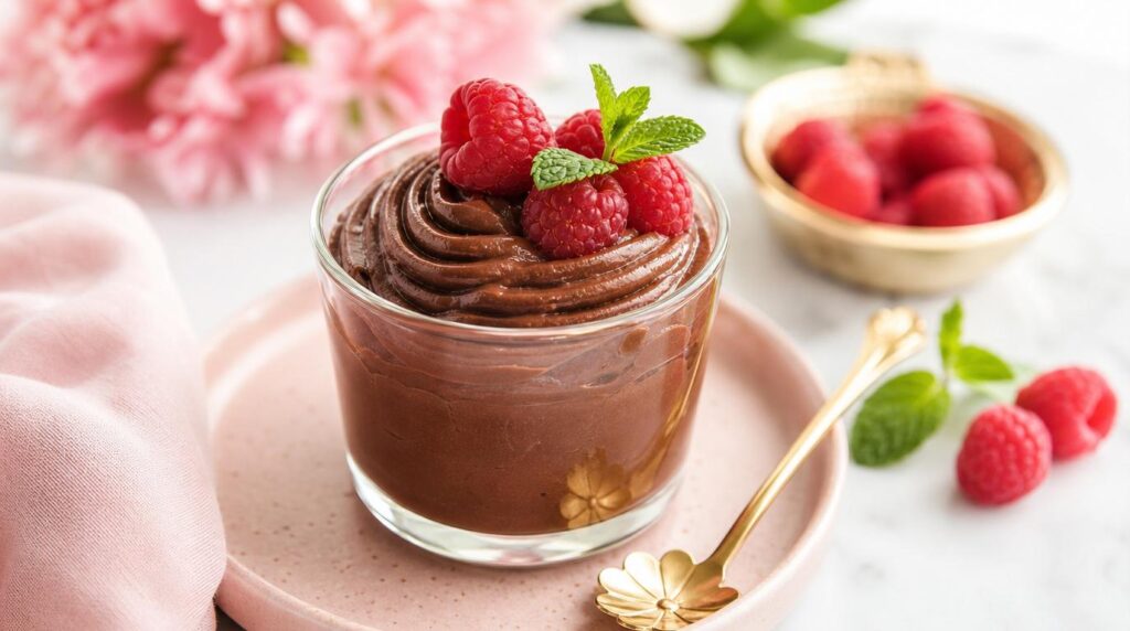 Silky chocolate avocado mousse topped with raspberries in a glass