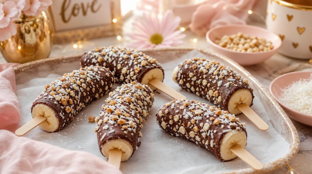 Frozen chocolate-dipped banana pops rolled in nuts and coconut