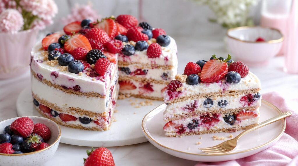 Sliced no-bake berry icebox cake with layers of cream and berries