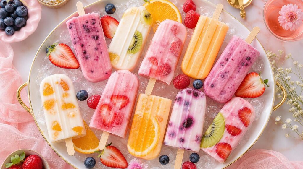 Colorful platter of homemade fruit and yogurt popsicles on ice