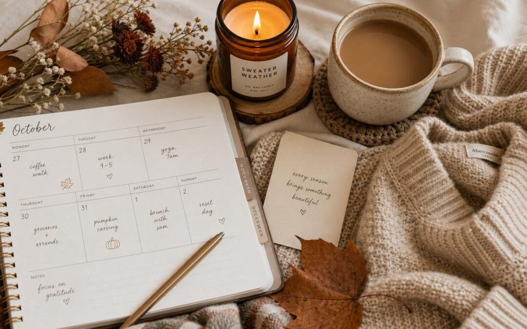 End of summer reset routine flatlay with a planner, candle and cozy autumn touches