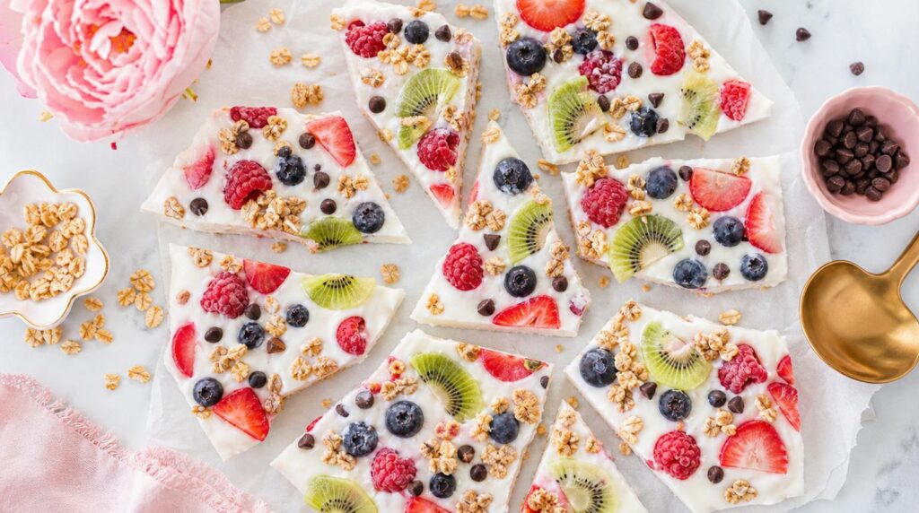 Frozen Greek yogurt bark shards topped with berries and granola
