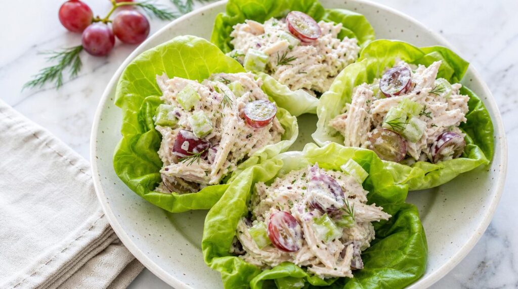 Greek Yogurt Chicken Salad Lettuce Wraps bowl with shredded chicken in crisp lettuce cups with celery and grapes