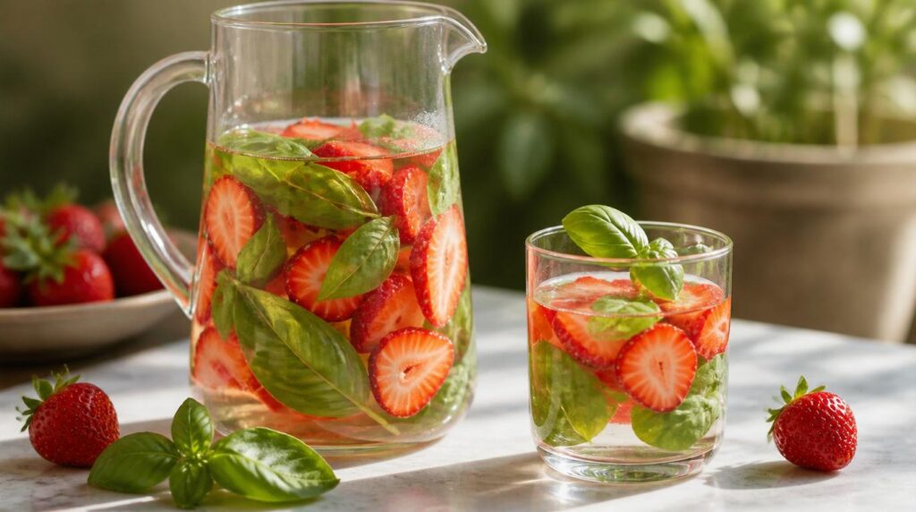 Strawberry basil infused water pitcher with fresh berries