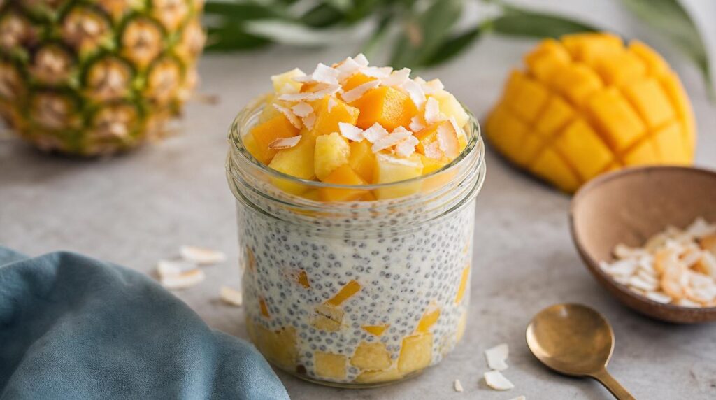 Tropical chia pudding with pineapple, mango and coconut