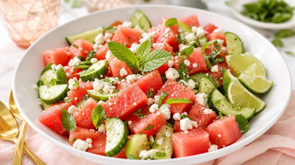 Watermelon cucumber feta salad with mint and lime