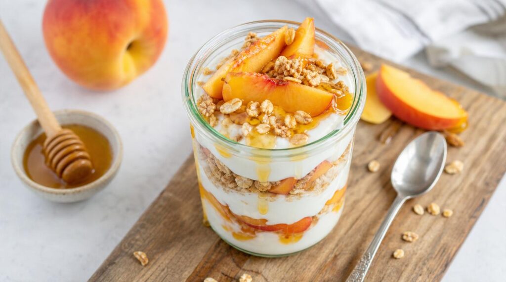 Peaches and Cream Yogurt Parfait in a glass or jar with layered Greek yogurt, sliced peaches, honey and granola