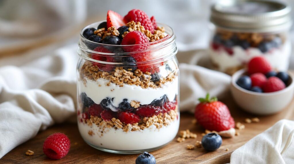 Berry yogurt parfait with granola in a jar