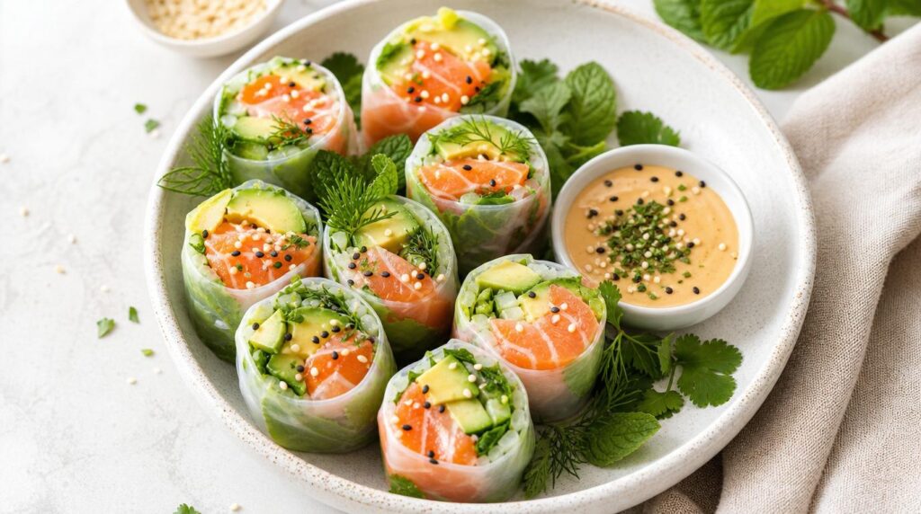Smoked Salmon and Avocado Rice Paper Rolls bowl with smoked salmon, avocado, cucumber and herbs with dipping sauce