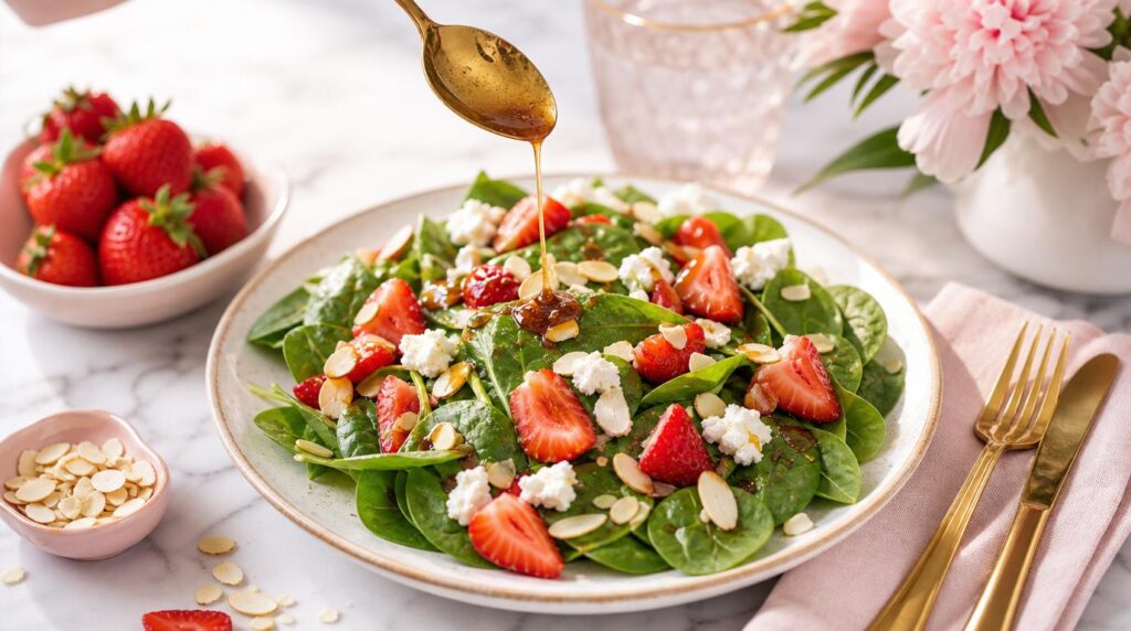 Strawberry spinach salad with toasted almonds and goat cheese